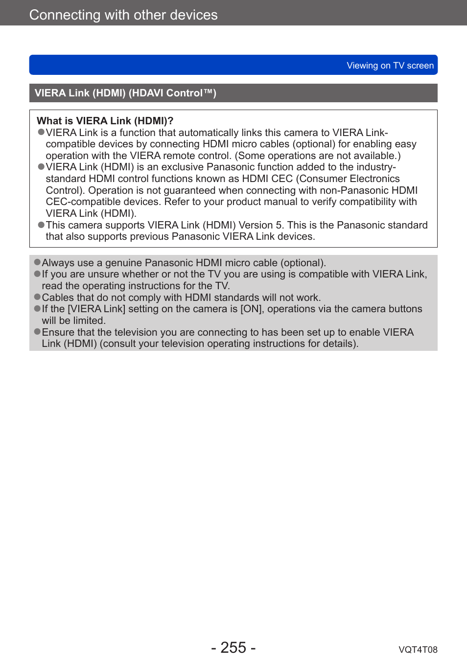 Viera link (hdmi) (hdavi control™) | Panasonic DMC-ZS30K User Manual | Page 255 / 314