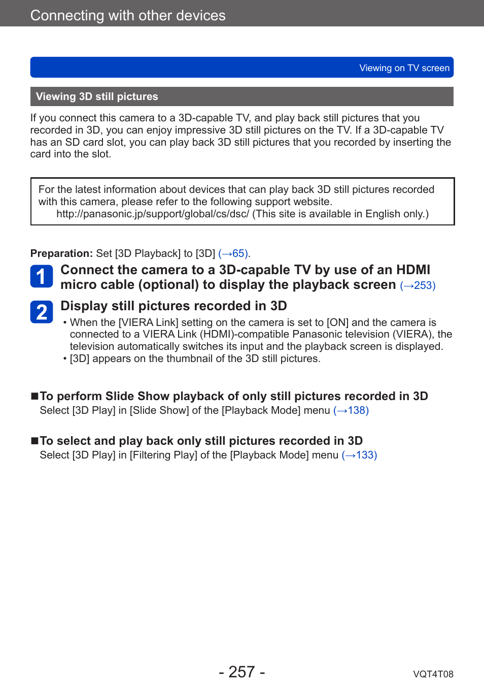 Viewing 3d still pictures, Connecting with other devices | Panasonic DMC-ZS30K User Manual | Page 257 / 314