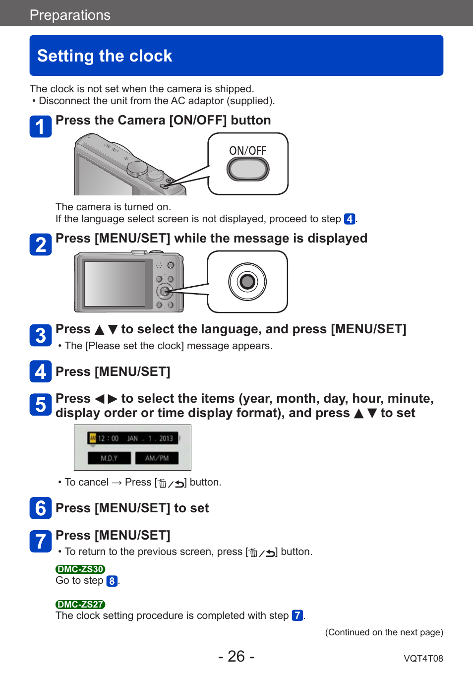 Setting the clock, Preparations | Panasonic DMC-ZS30K User Manual | Page 26 / 314