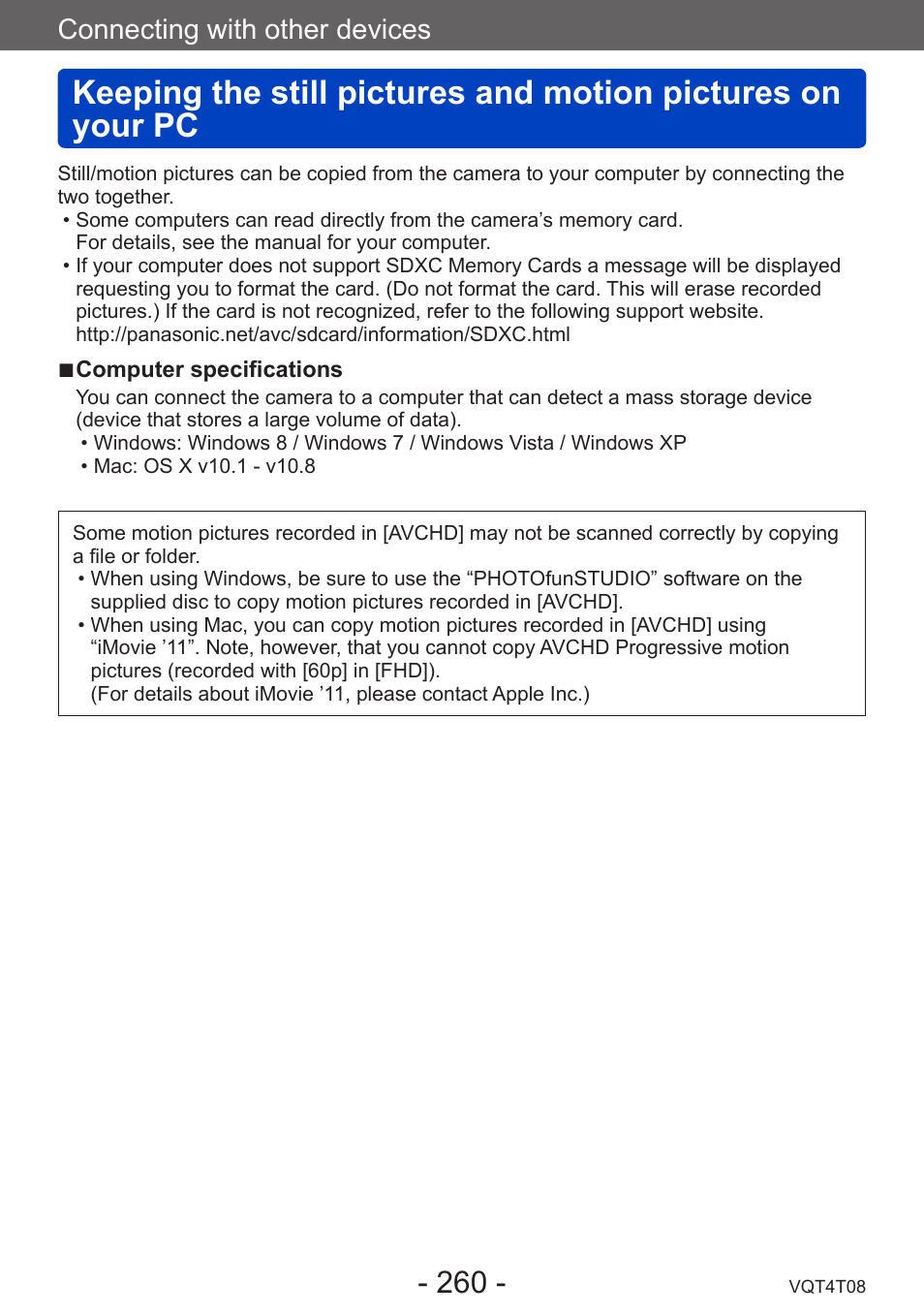 Keeping the still pictures and, Motion pictures on your pc, Connecting with other devices | Panasonic DMC-ZS30K User Manual | Page 260 / 314