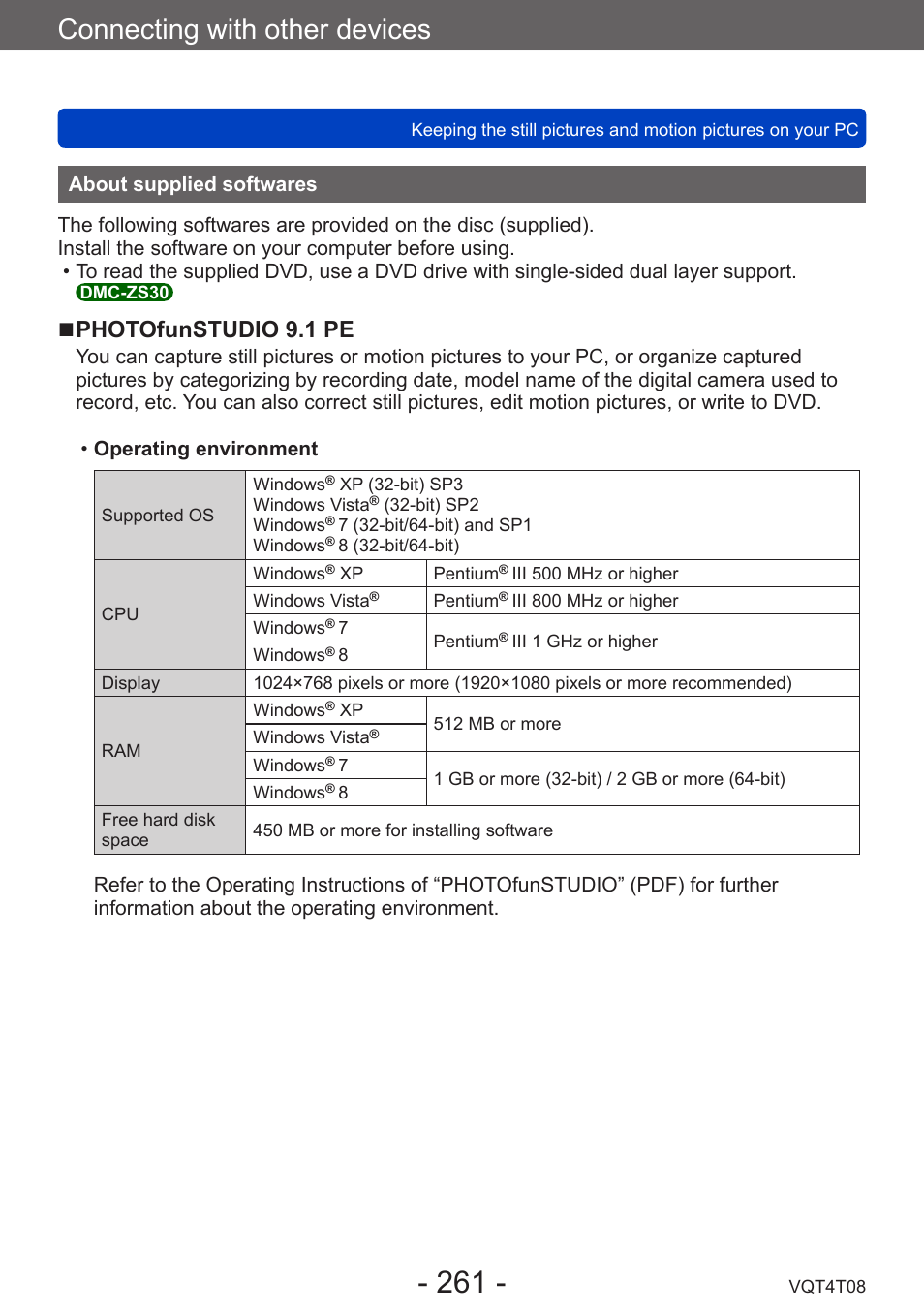 About supplied softwares, Connecting with other devices, Photofunstudio 9.1 pe | Panasonic DMC-ZS30K User Manual | Page 261 / 314