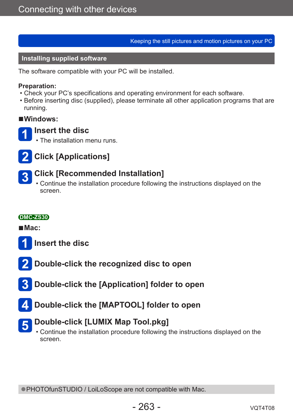 Installing supplied software, Connecting with other devices | Panasonic DMC-ZS30K User Manual | Page 263 / 314