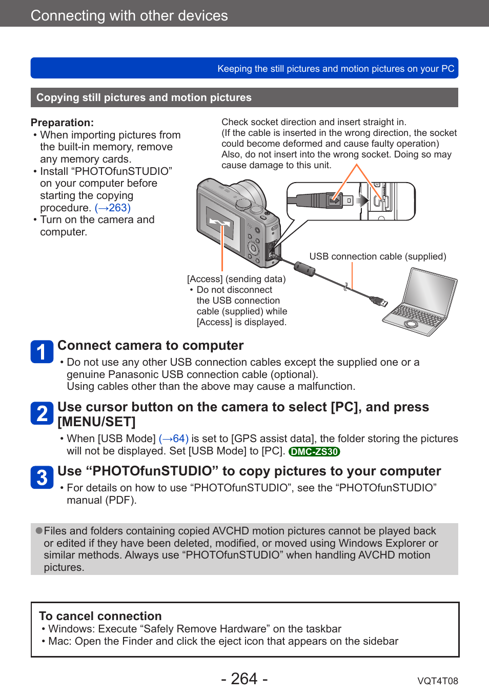 Copying still pictures and motion pictures, Copying still pictures and motion, Pictures | Connecting with other devices, Connect camera to computer | Panasonic DMC-ZS30K User Manual | Page 264 / 314