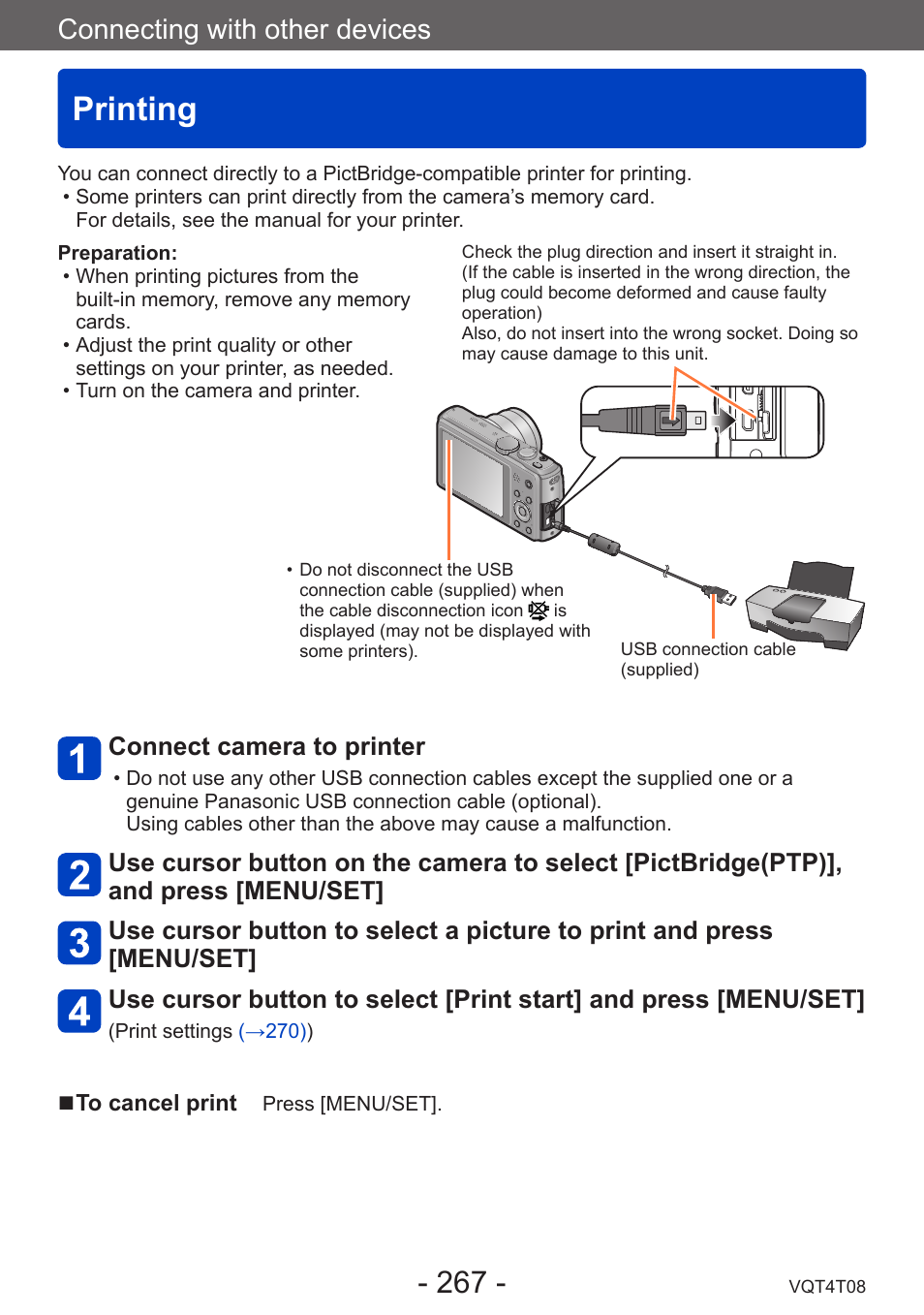 Printing, Connecting with other devices, Connect camera to printer | Panasonic DMC-ZS30K User Manual | Page 267 / 314