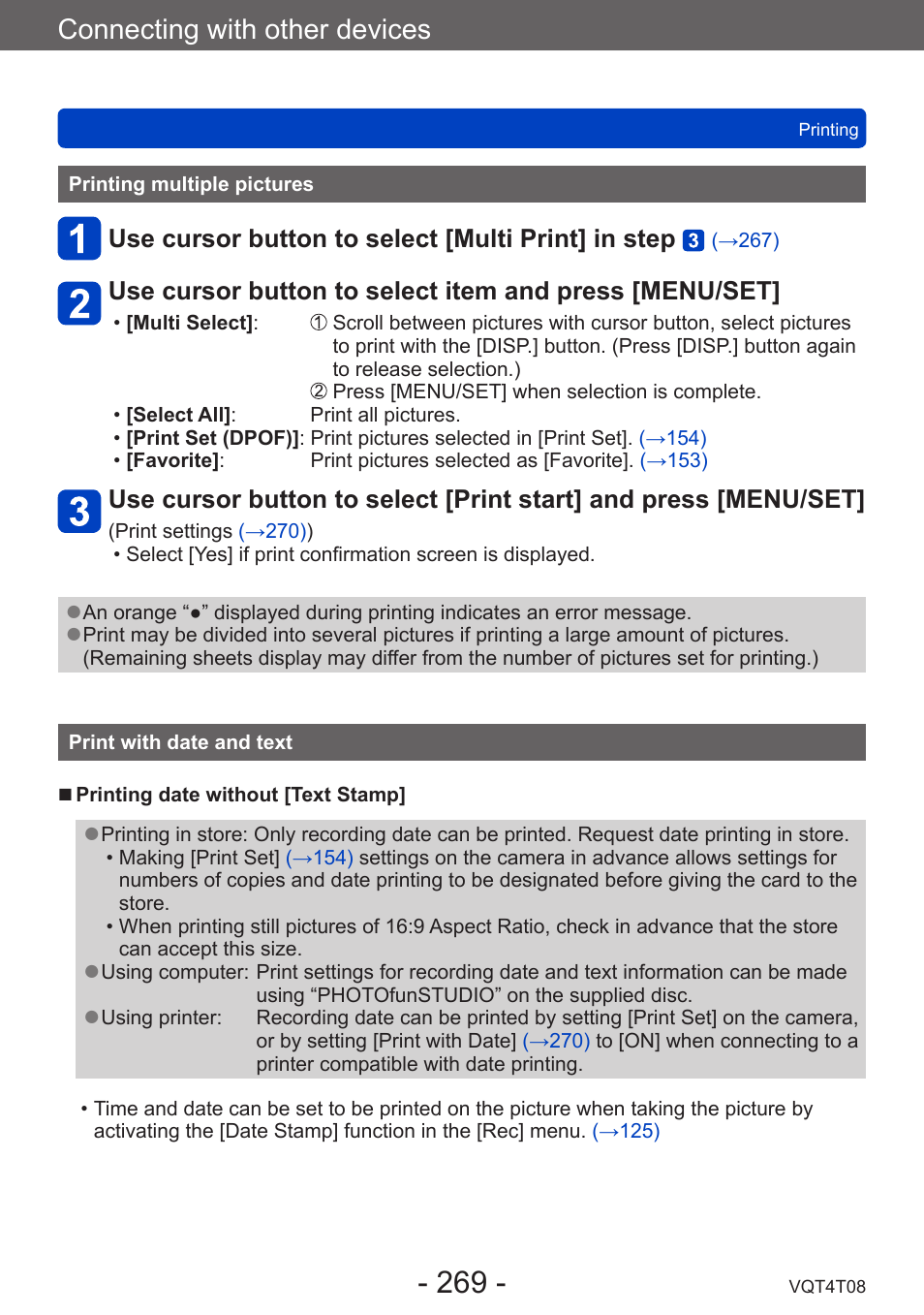 Printing multiple pictures, Print with date and text, Connecting with other devices | Panasonic DMC-ZS30K User Manual | Page 269 / 314