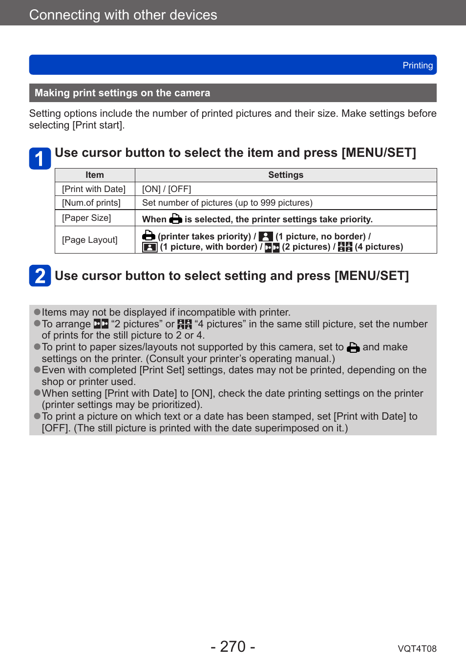 Making print settings on the camera, Connecting with other devices | Panasonic DMC-ZS30K User Manual | Page 270 / 314