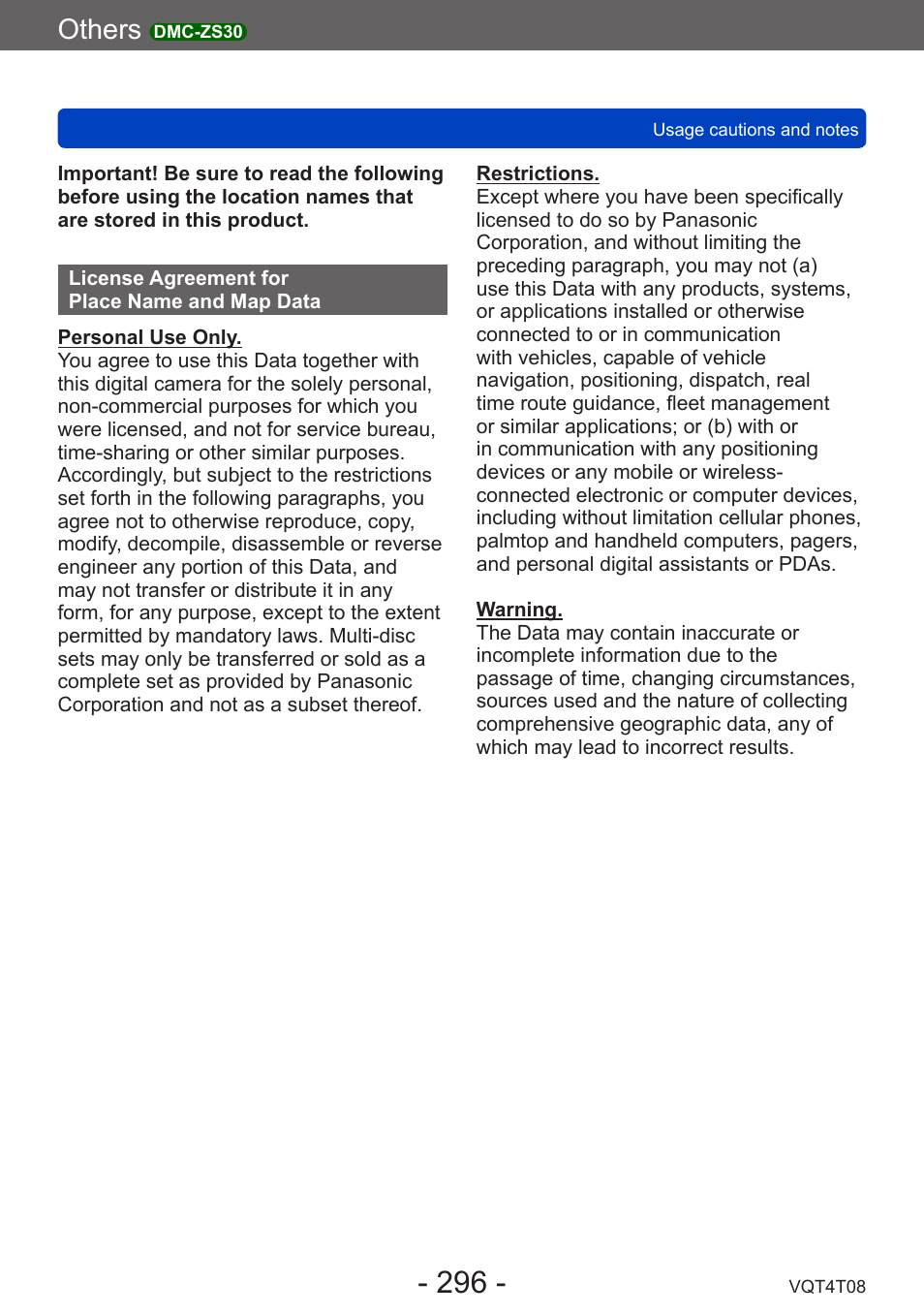 License agreement for place name and map data, License agreement for place name and, Map data | Dmc-zs30, Others | Panasonic DMC-ZS30K User Manual | Page 296 / 314