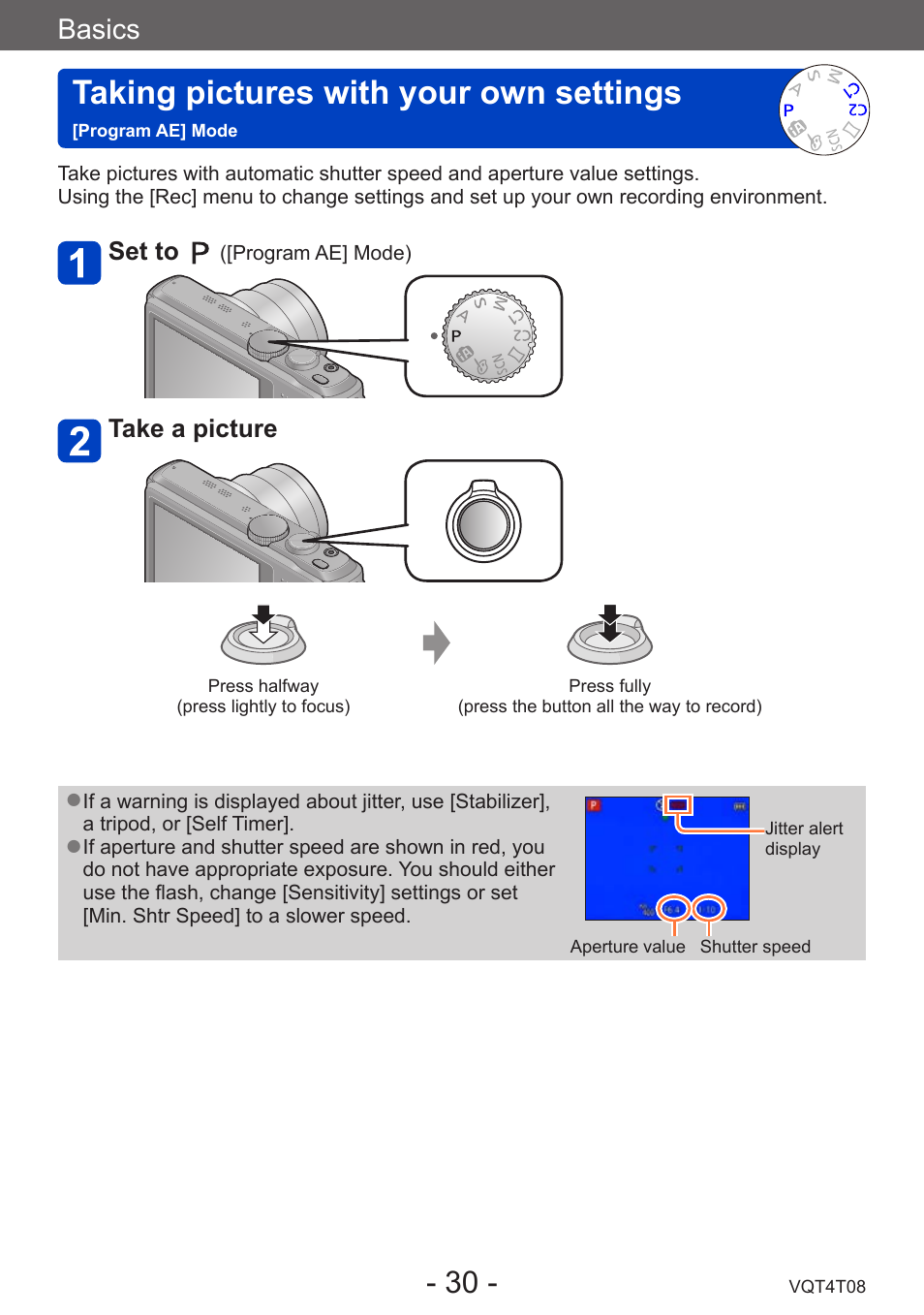 Taking pictures with your own settings, Program ae] mode, Basics | Panasonic DMC-ZS30K User Manual | Page 30 / 314