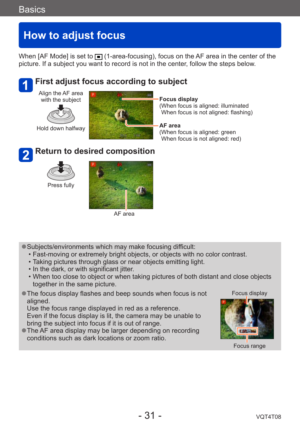 How to adjust focus, Basics, First adjust focus according to subject | Return to desired composition | Panasonic DMC-ZS30K User Manual | Page 31 / 314