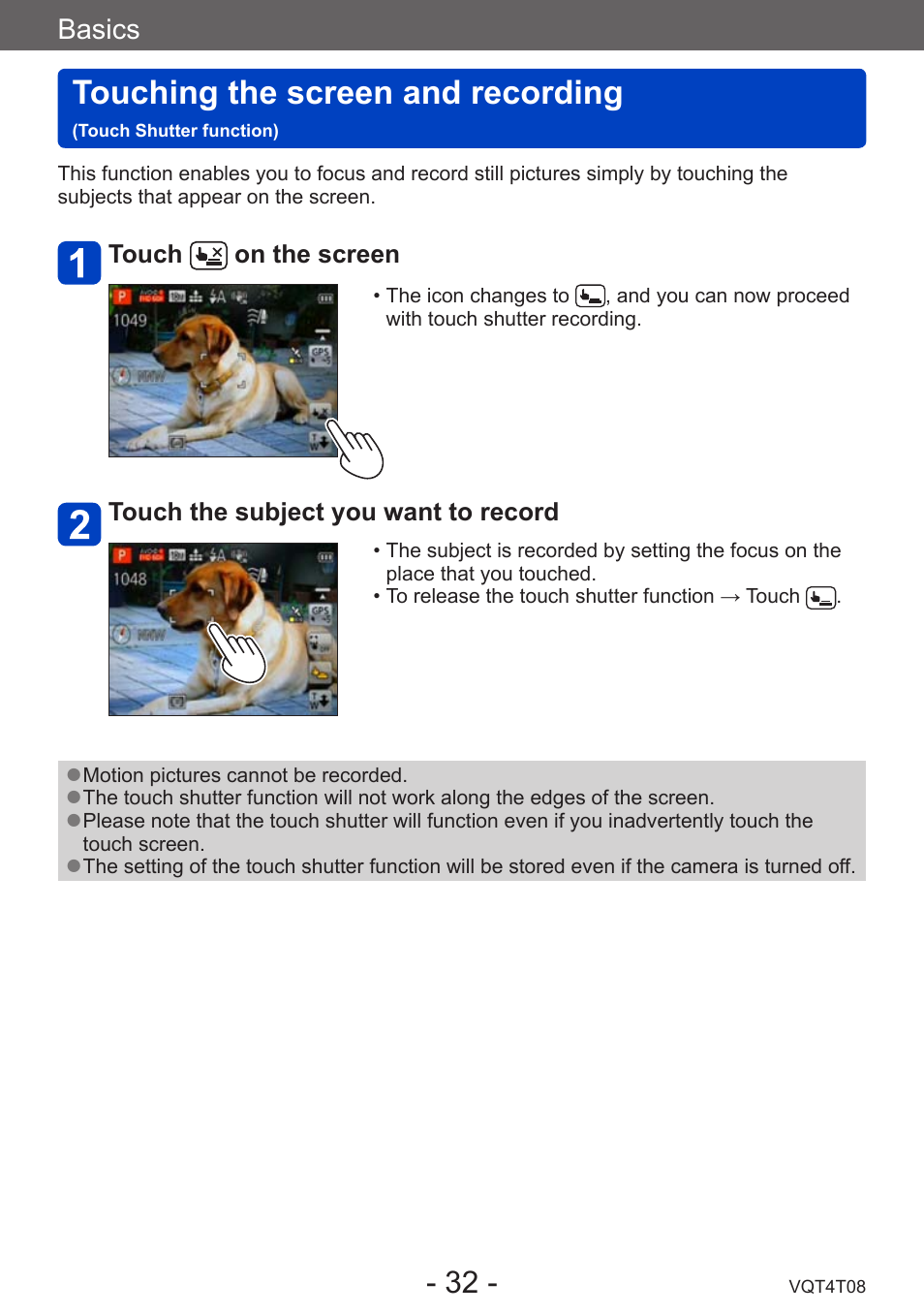 Touching the screen and recording, Touch shutter function) | Panasonic DMC-ZS30K User Manual | Page 32 / 314
