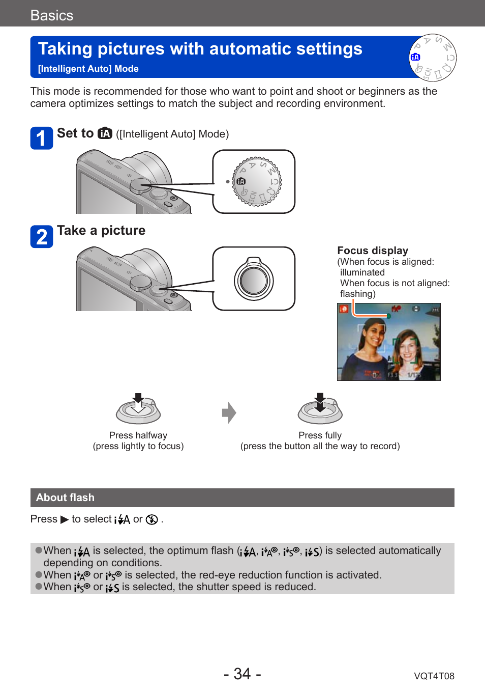 About flash, Taking pictures with automatic settings, Intelligent auto] mode | Basics | Panasonic DMC-ZS30K User Manual | Page 34 / 314