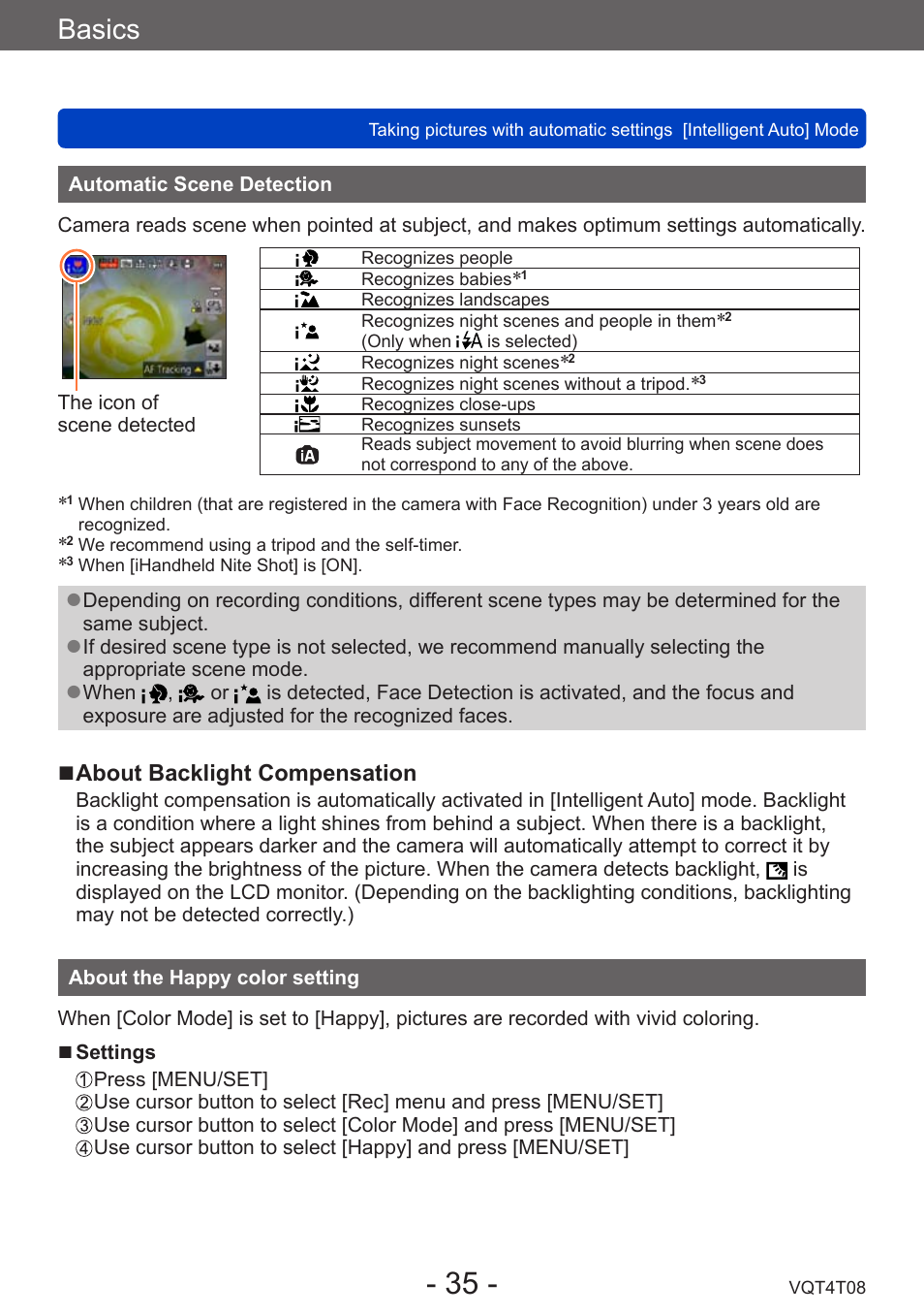 Automatic scene detection, About the happy color setting, Basics | Panasonic DMC-ZS30K User Manual | Page 35 / 314