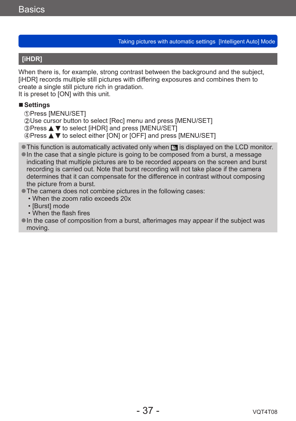 Ihdr, Basics | Panasonic DMC-ZS30K User Manual | Page 37 / 314