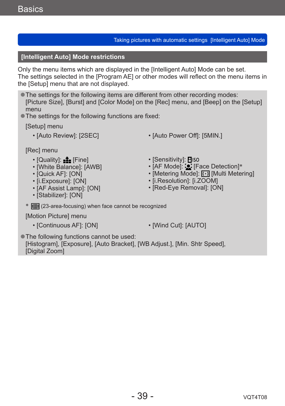 Intelligent auto] mode restrictions, Basics | Panasonic DMC-ZS30K User Manual | Page 39 / 314