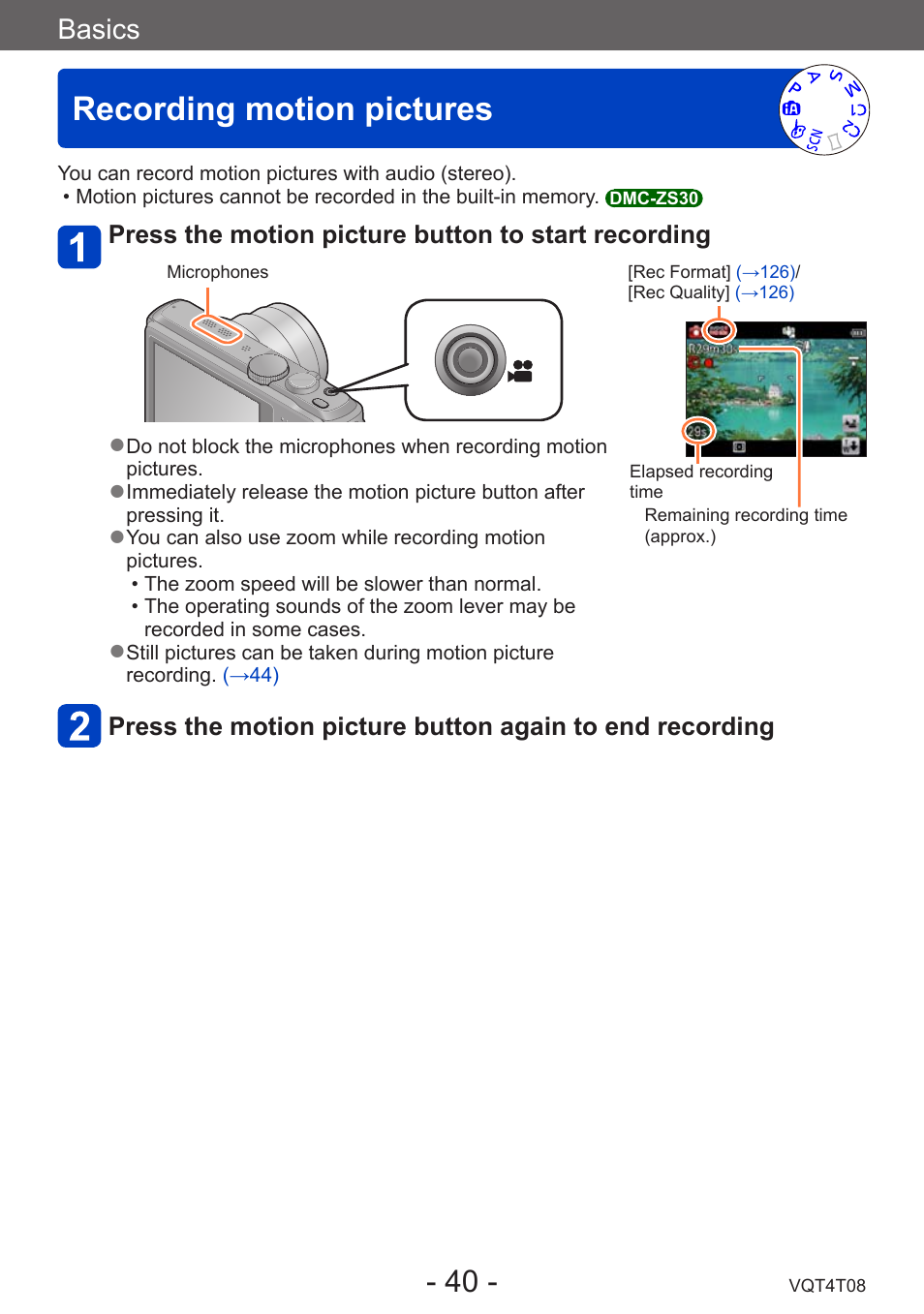 Recording motion pictures, Basics | Panasonic DMC-ZS30K User Manual | Page 40 / 314