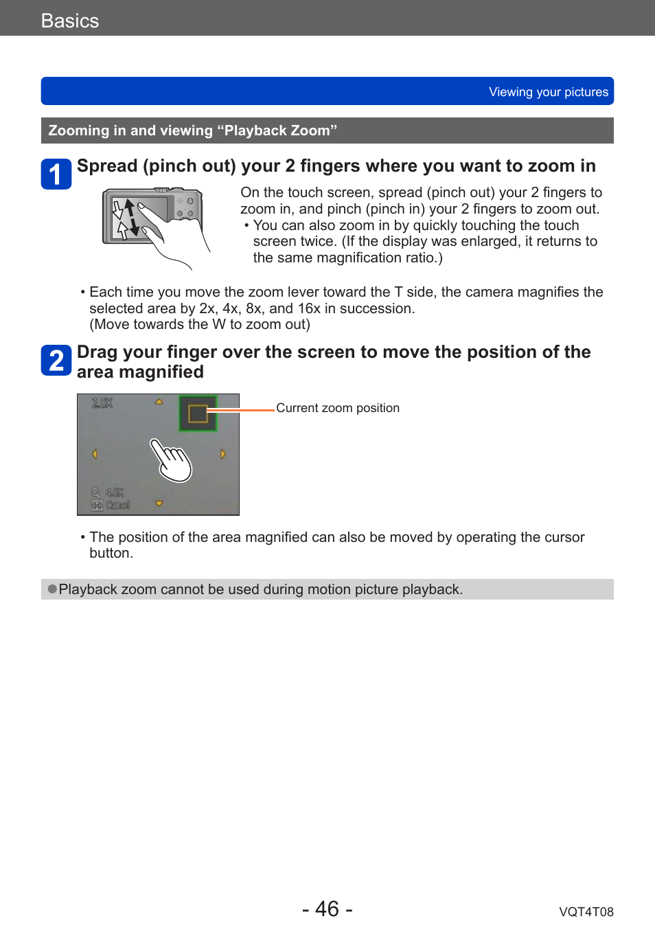 Zooming in and viewing “playback zoom, Zooming in and viewing, Playback zoom | Basics | Panasonic DMC-ZS30K User Manual | Page 46 / 314