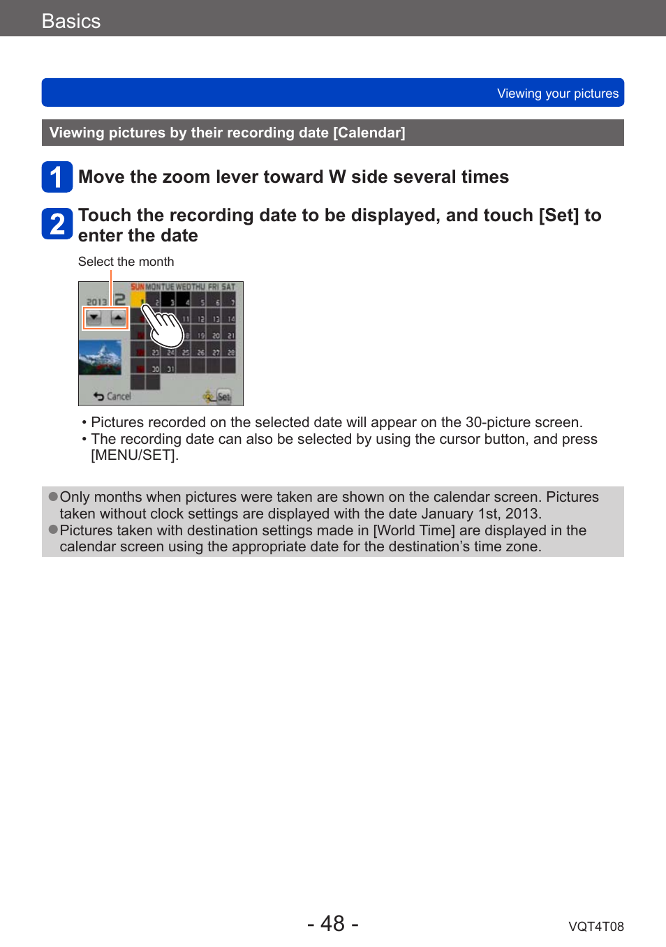 Viewing pictures by their recording date [calendar, Viewing pictures by their recording date, Calendar | Basics | Panasonic DMC-ZS30K User Manual | Page 48 / 314