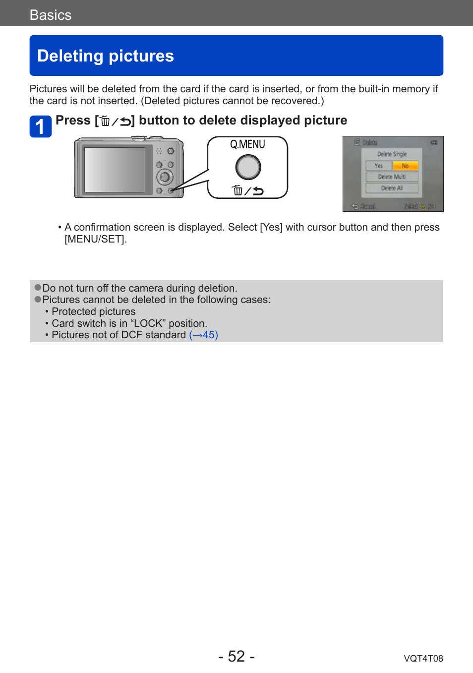 Deleting pictures | Panasonic DMC-ZS30K User Manual | Page 52 / 314