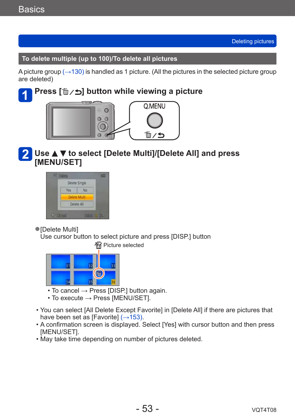 To delete multiple (up to 100), To delete all pictures, Basics | Panasonic DMC-ZS30K User Manual | Page 53 / 314