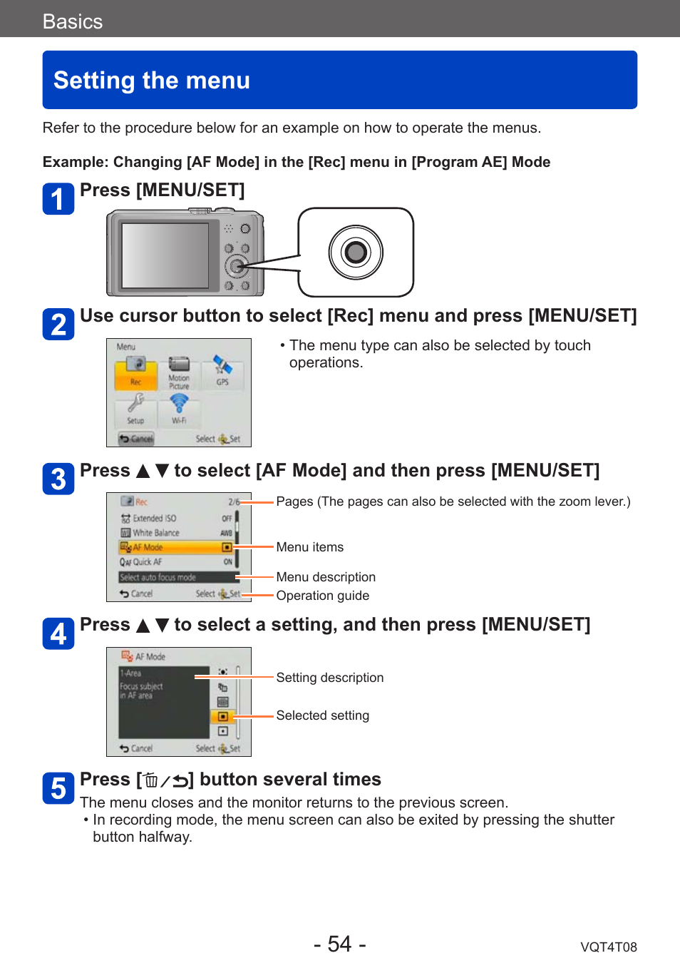 Setting the menu, Basics | Panasonic DMC-ZS30K User Manual | Page 54 / 314