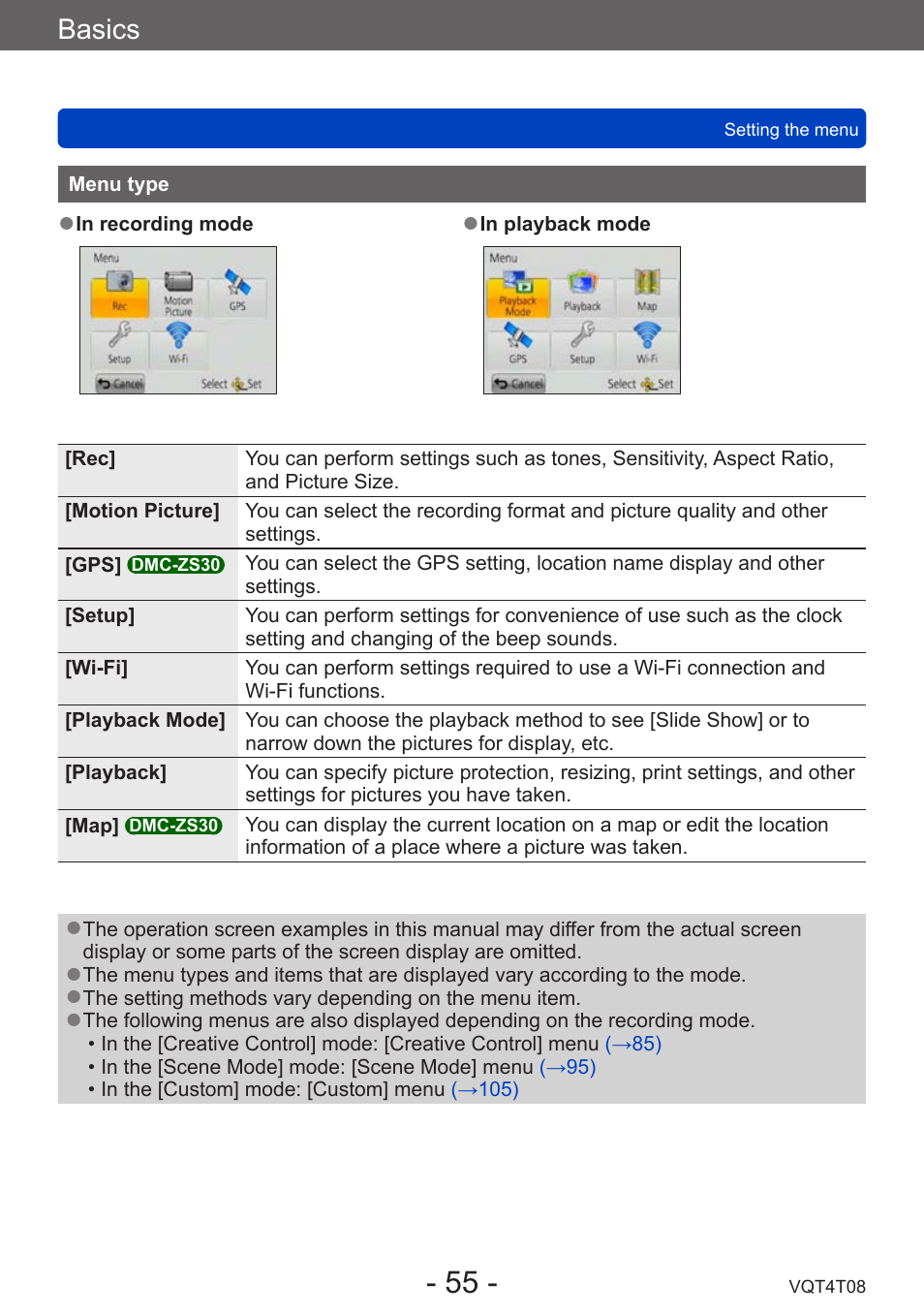 Menu type, Basics | Panasonic DMC-ZS30K User Manual | Page 55 / 314