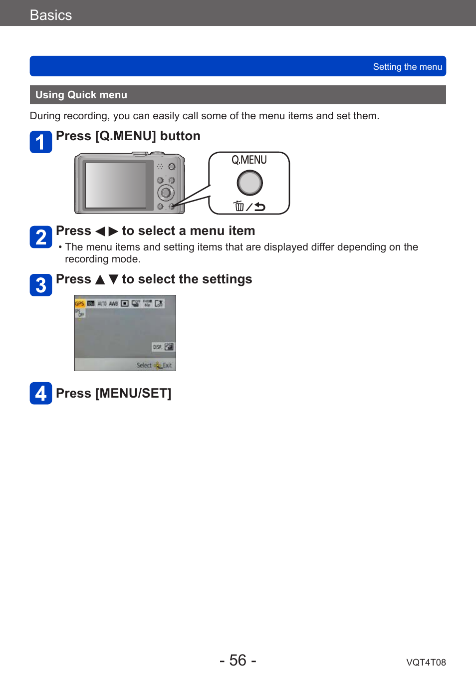 Using quick menu, Basics | Panasonic DMC-ZS30K User Manual | Page 56 / 314