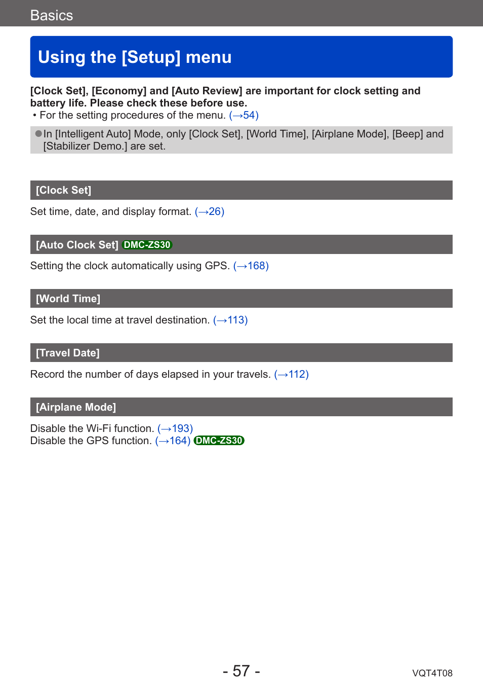 Using the [setup] menu, Clock set, Auto clock set] dmc-zs30 | World time, Travel date, Airplane mode, Auto clock set, Dmc-zs30, Basics | Panasonic DMC-ZS30K User Manual | Page 57 / 314