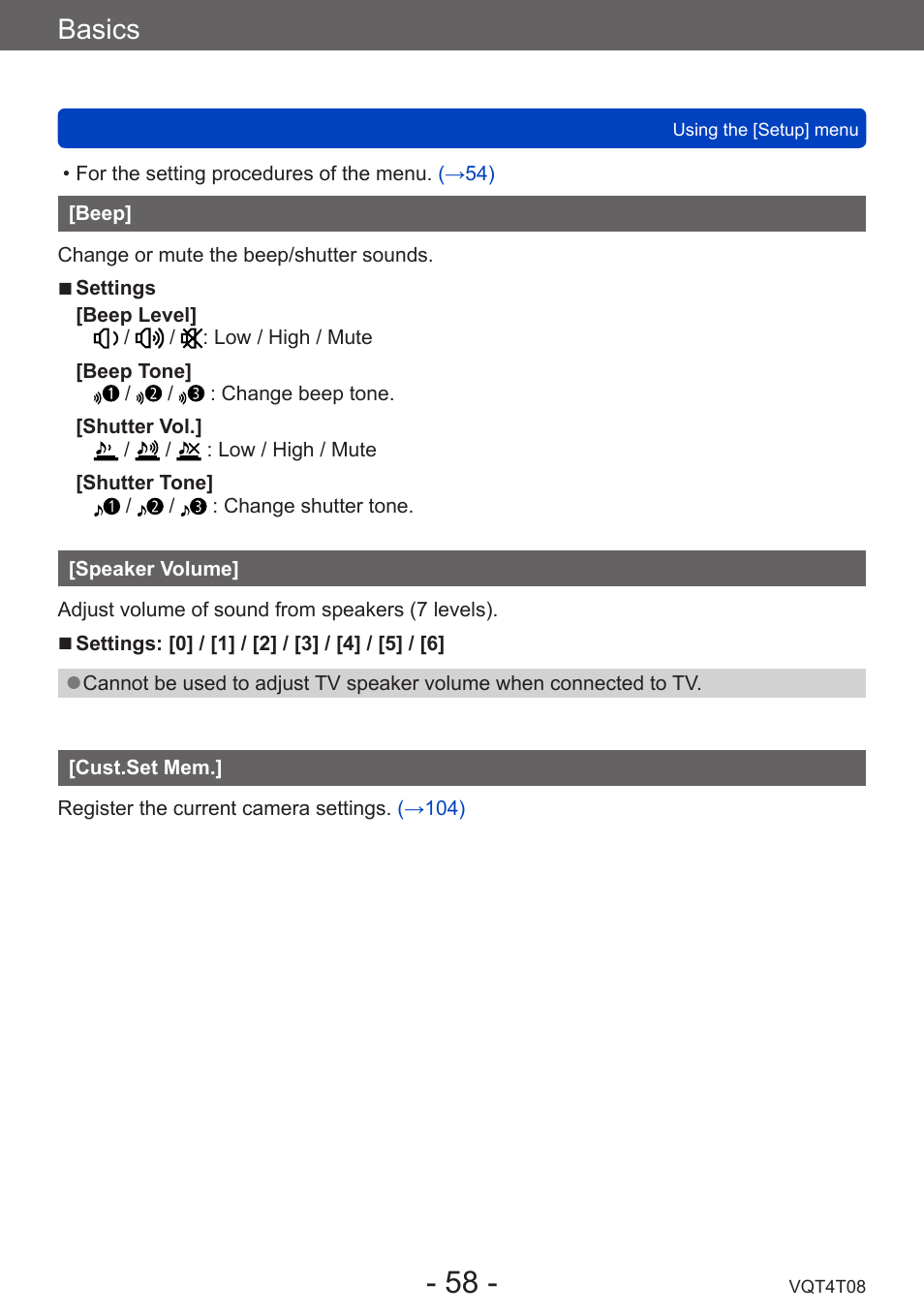 Beep, Speaker volume, Cust.set mem | Basics | Panasonic DMC-ZS30K User Manual | Page 58 / 314