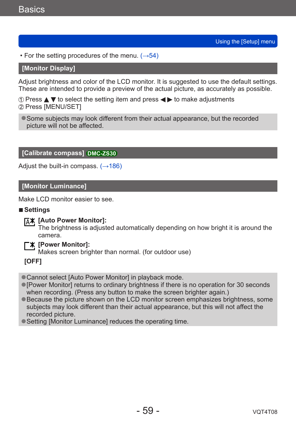Monitor display, Calibrate compass] dmc-zs30, Monitor luminance | Calibrate compass, Dmc-zs30, Basics | Panasonic DMC-ZS30K User Manual | Page 59 / 314