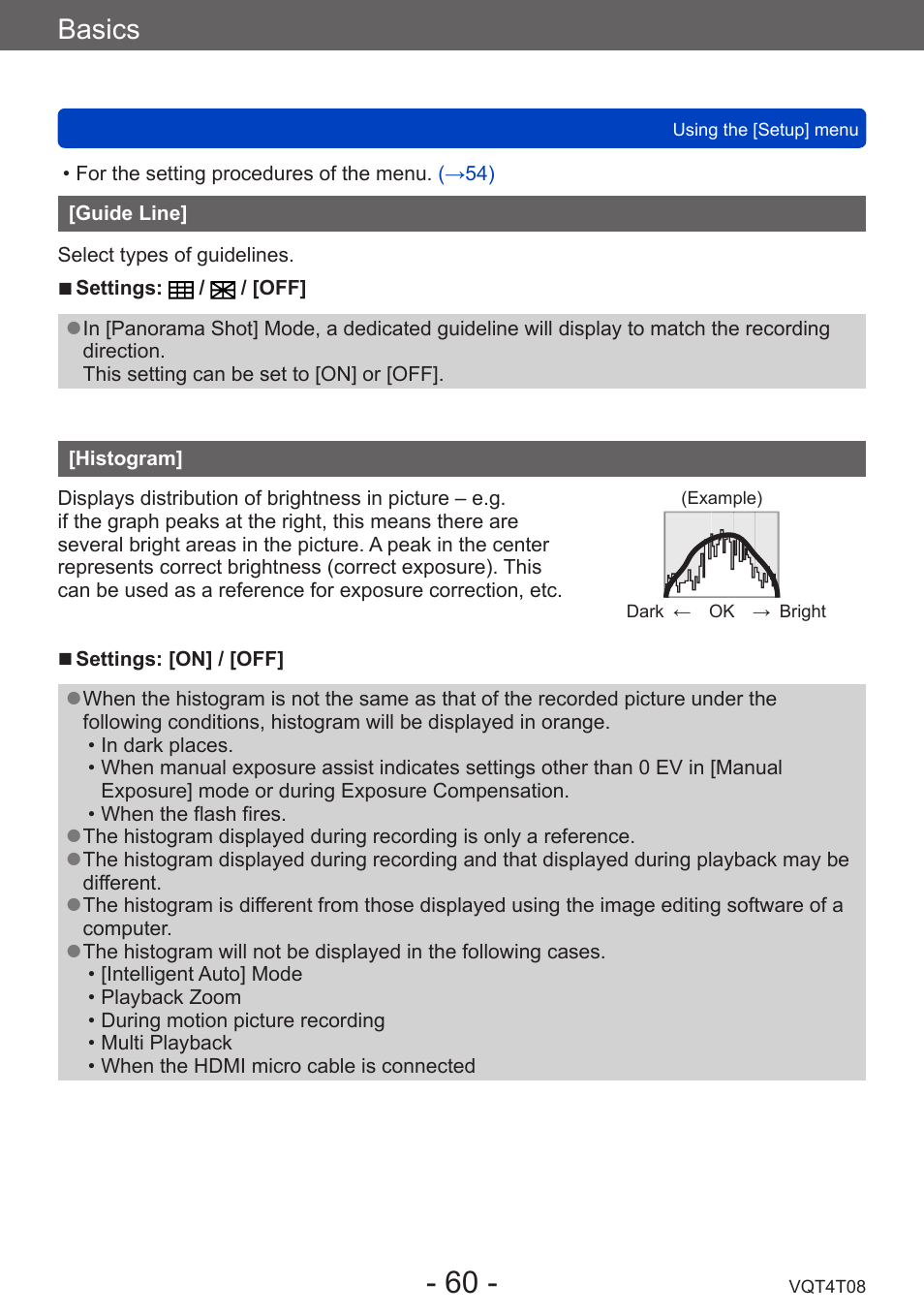 Guide line, Histogram, Basics | Panasonic DMC-ZS30K User Manual | Page 60 / 314