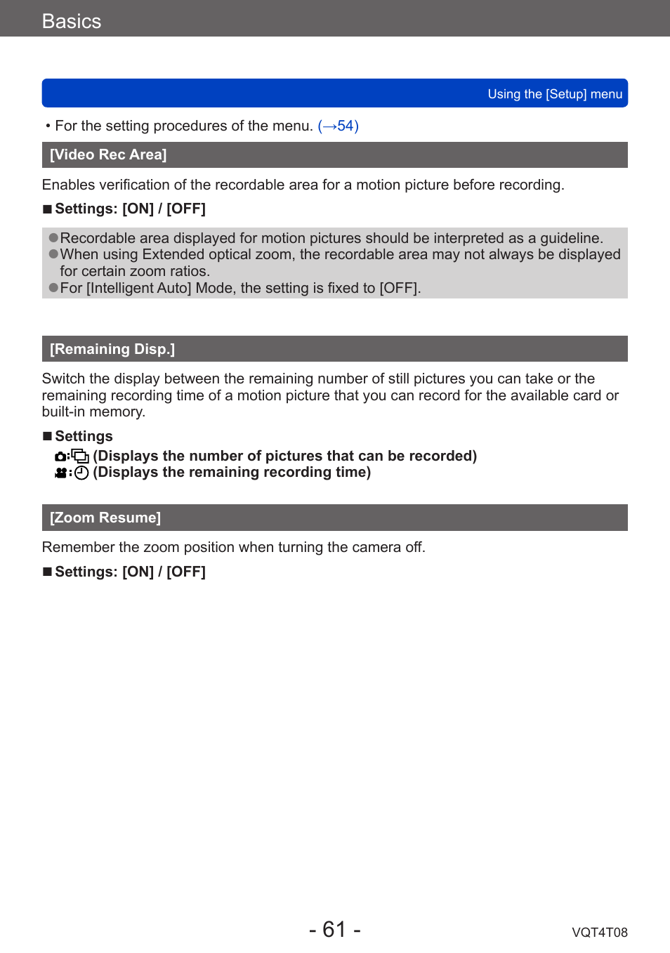 Video rec area, Remaining disp, Zoom resume | Basics | Panasonic DMC-ZS30K User Manual | Page 61 / 314