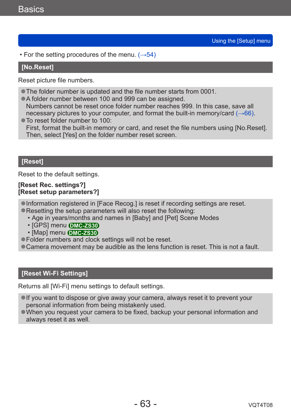 No.reset, Reset, Reset wi-fi settings | Basics | Panasonic DMC-ZS30K User Manual | Page 63 / 314