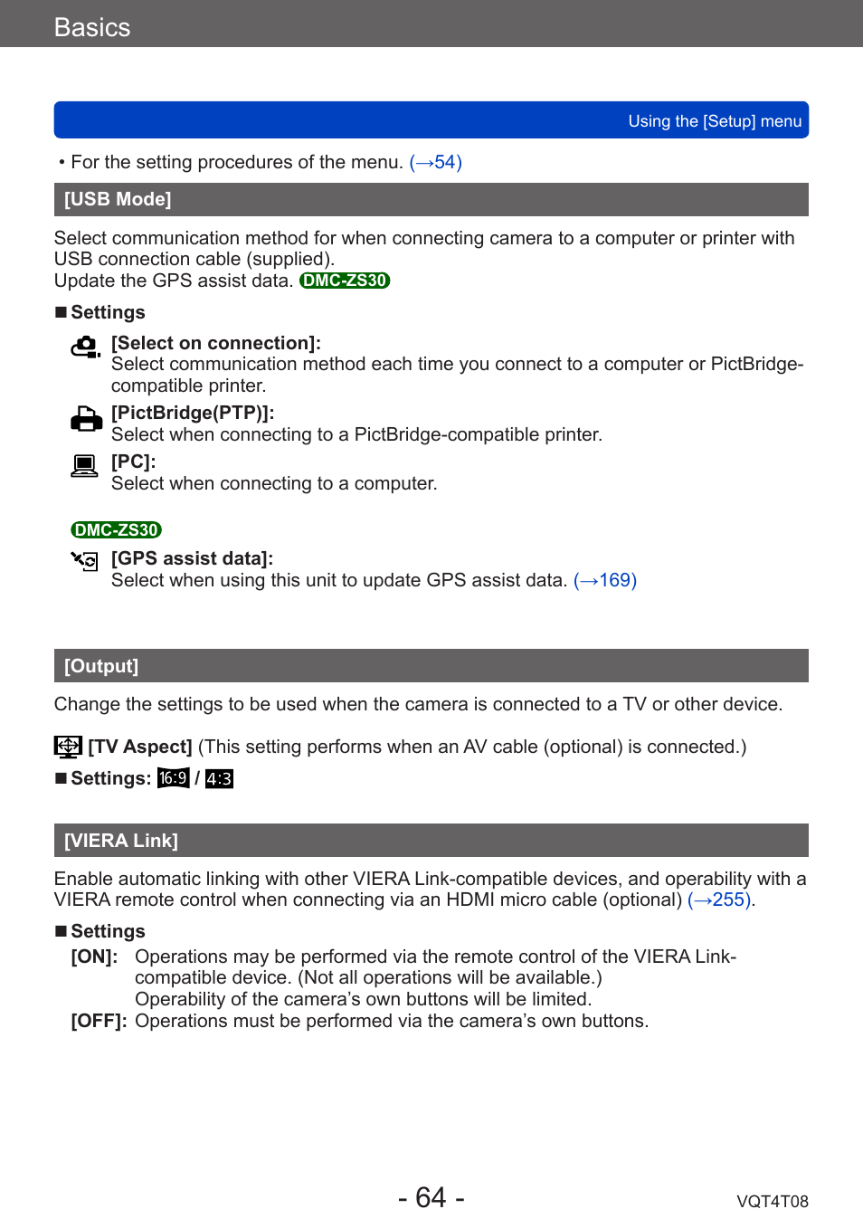 Usb mode, Output, Viera link | Basics | Panasonic DMC-ZS30K User Manual | Page 64 / 314