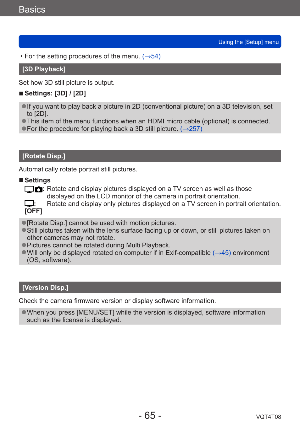 3d playback, Rotate disp, Version disp | Basics | Panasonic DMC-ZS30K User Manual | Page 65 / 314