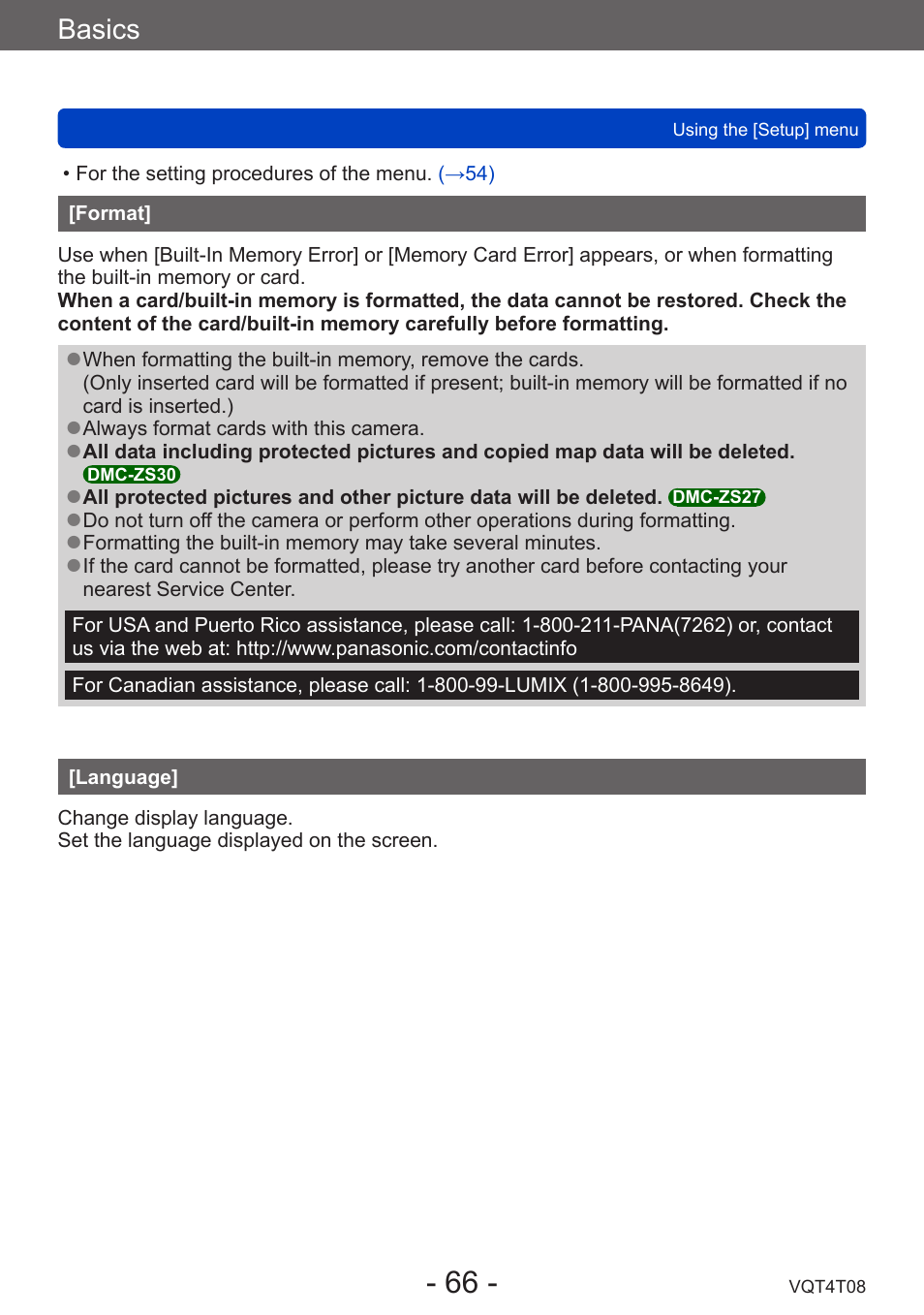 Format, Language, Basics | Panasonic DMC-ZS30K User Manual | Page 66 / 314