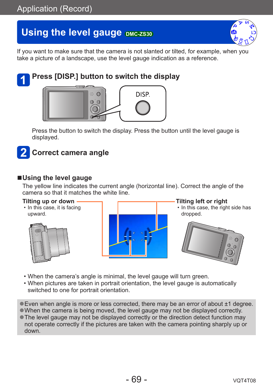 Using the level gauge dmc-zs30, Using the level gauge, Dmc-zs30 | Application (record) | Panasonic DMC-ZS30K User Manual | Page 69 / 314
