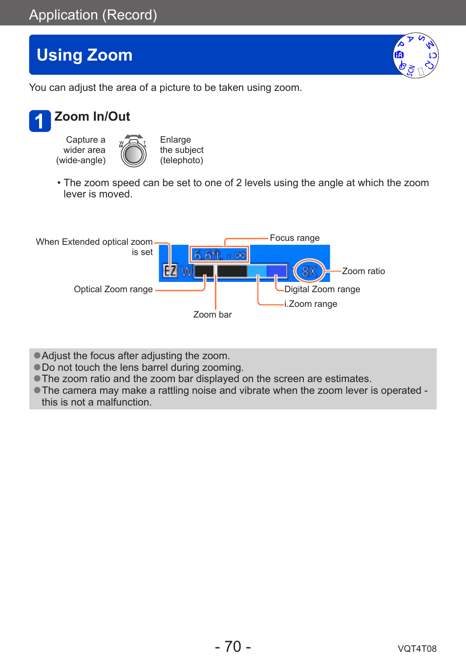 Using zoom, Application (record) | Panasonic DMC-ZS30K User Manual | Page 70 / 314