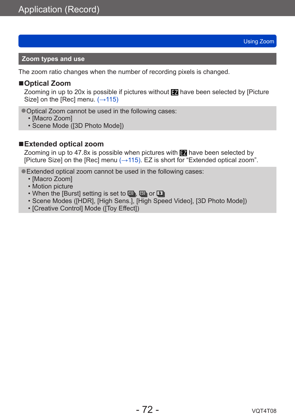 Zoom types and use, Application (record) | Panasonic DMC-ZS30K User Manual | Page 72 / 314