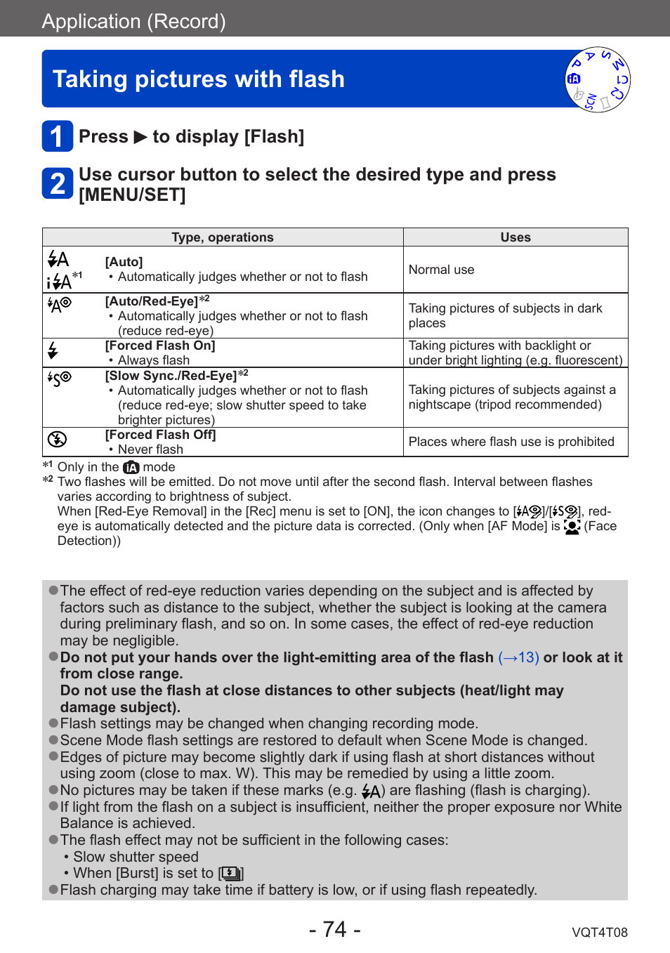 Taking pictures with flash, Application (record) | Panasonic DMC-ZS30K User Manual | Page 74 / 314