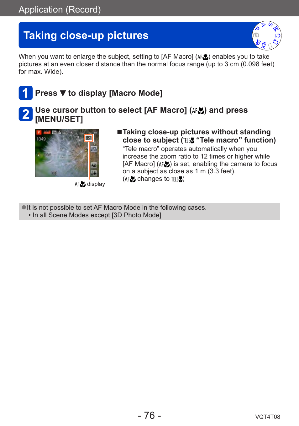 Taking close-up pictures, Application (record) | Panasonic DMC-ZS30K User Manual | Page 76 / 314