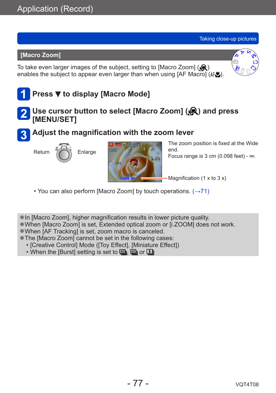 Macro zoom, Application (record) | Panasonic DMC-ZS30K User Manual | Page 77 / 314