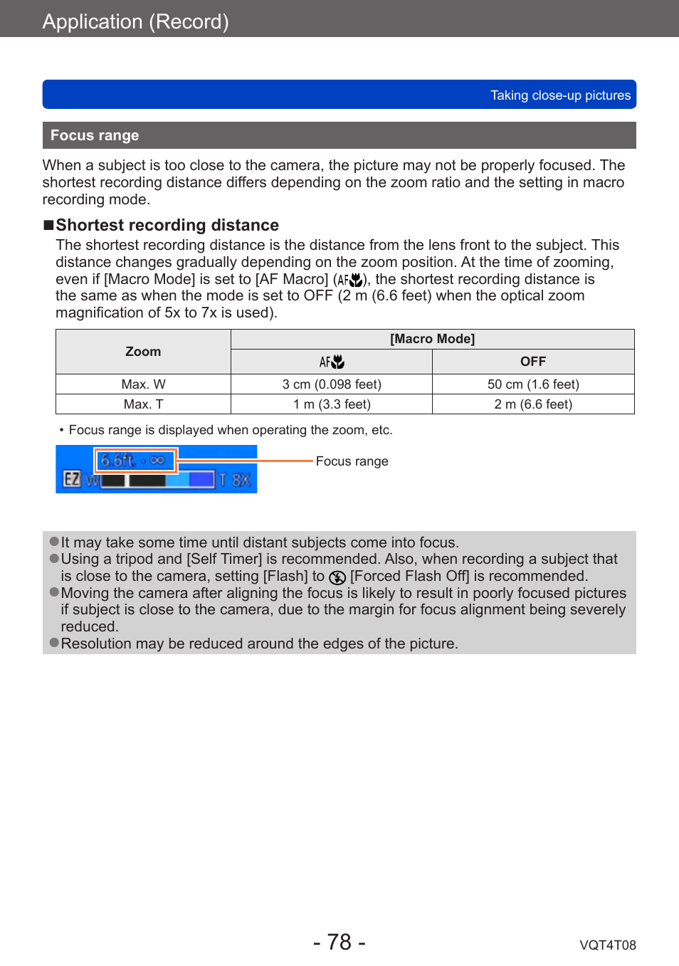 Focus range, Application (record) | Panasonic DMC-ZS30K User Manual | Page 78 / 314