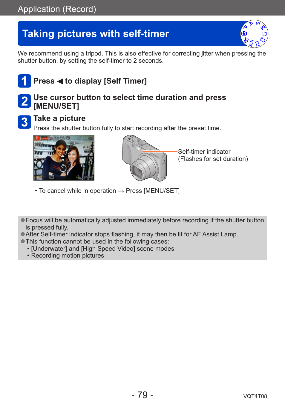 Taking pictures with self-timer | Panasonic DMC-ZS30K User Manual | Page 79 / 314