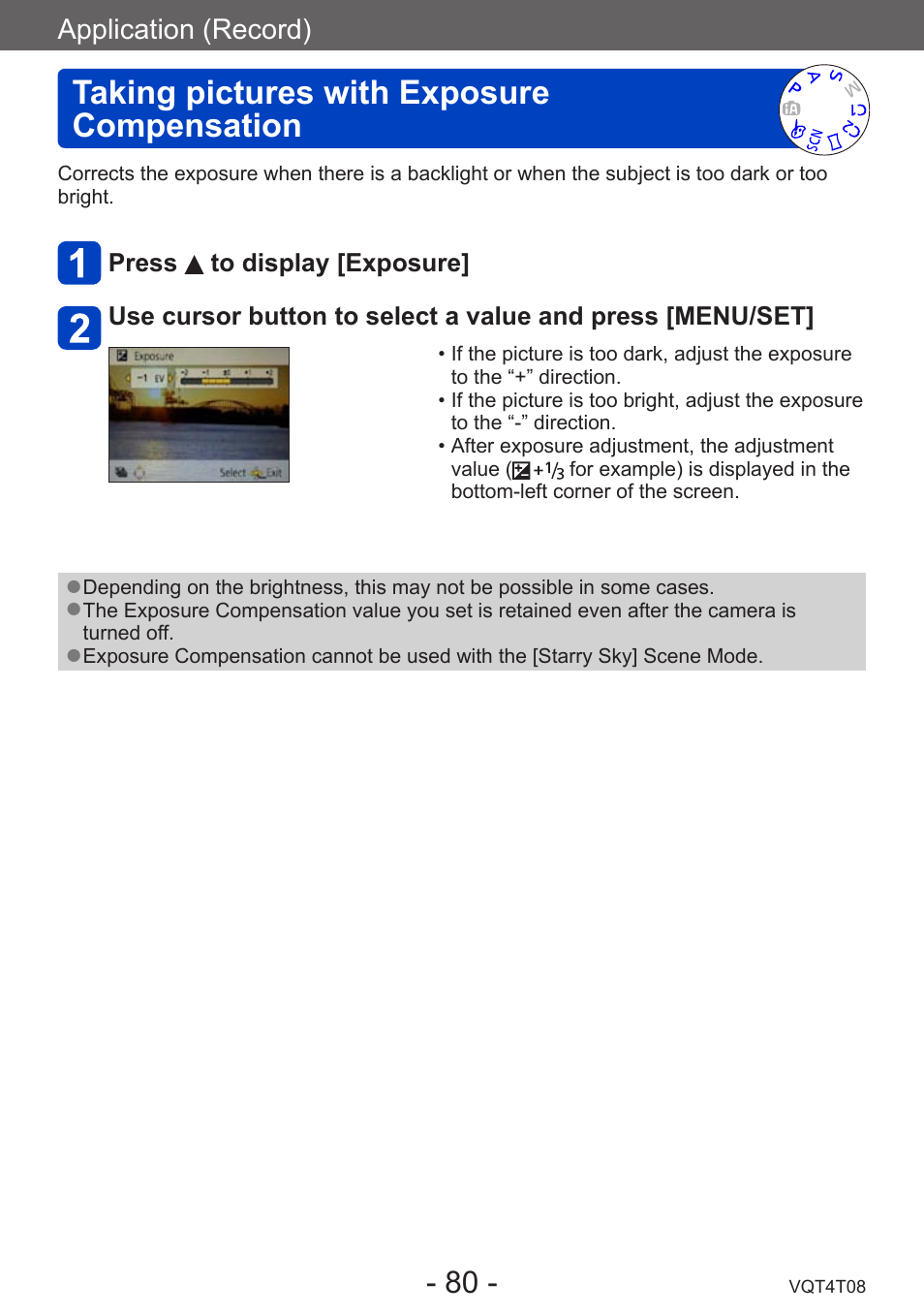 Taking pictures with exposure compensation, Taking pictures with exposure, Compensation | Panasonic DMC-ZS30K User Manual | Page 80 / 314