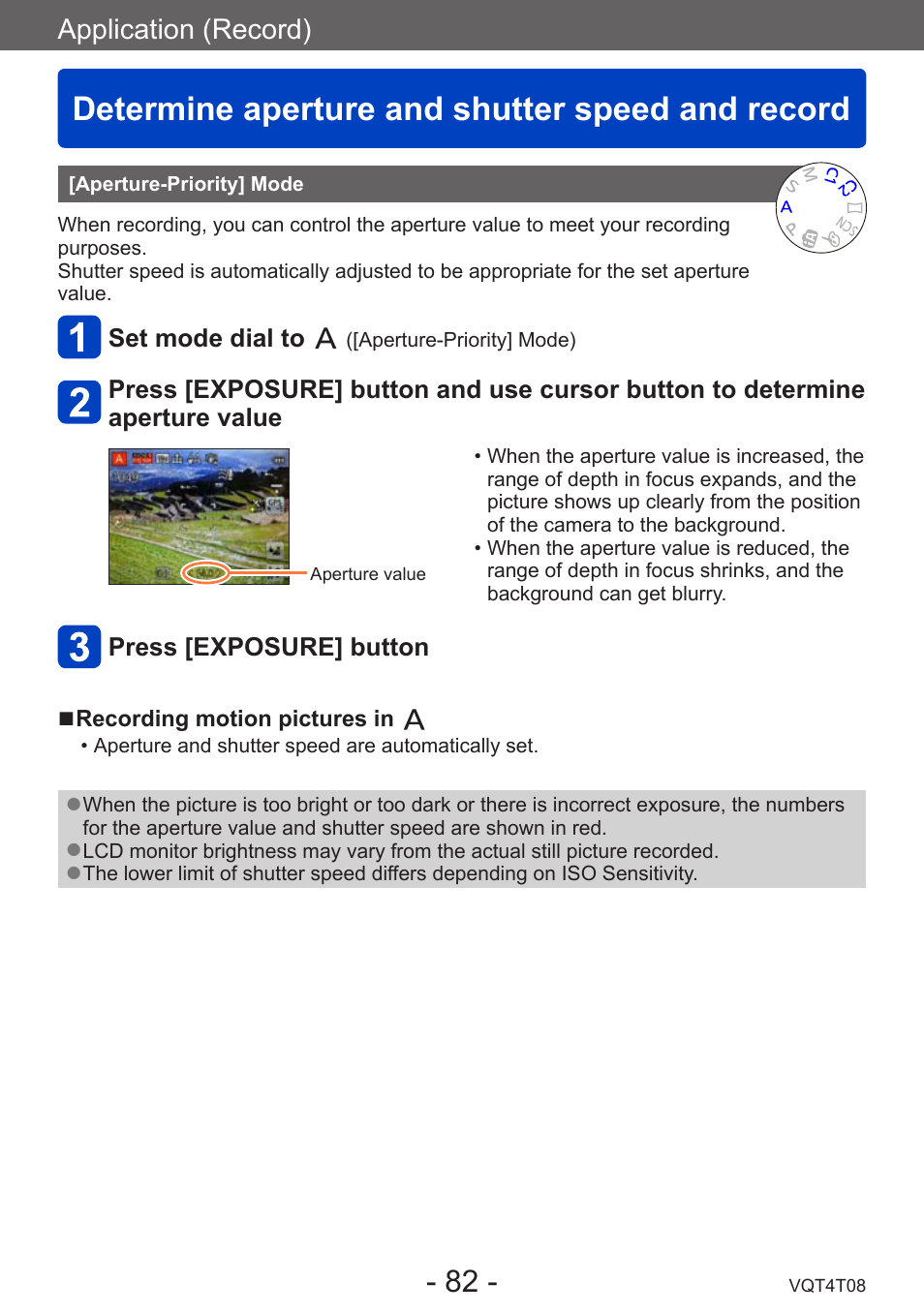 Determine aperture and shutter speed and record, Aperture-priority] mode, Determine aperture and | Shutter speed and record, Application (record) | Panasonic DMC-ZS30K User Manual | Page 82 / 314