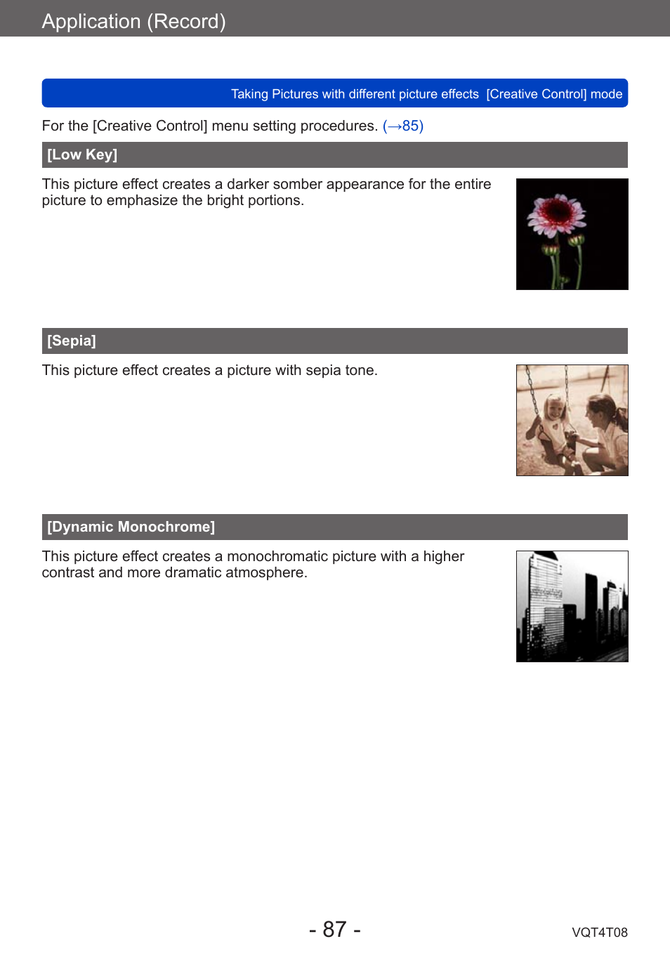 Low key, Sepia, Dynamic monochrome | Application (record) | Panasonic DMC-ZS30K User Manual | Page 87 / 314