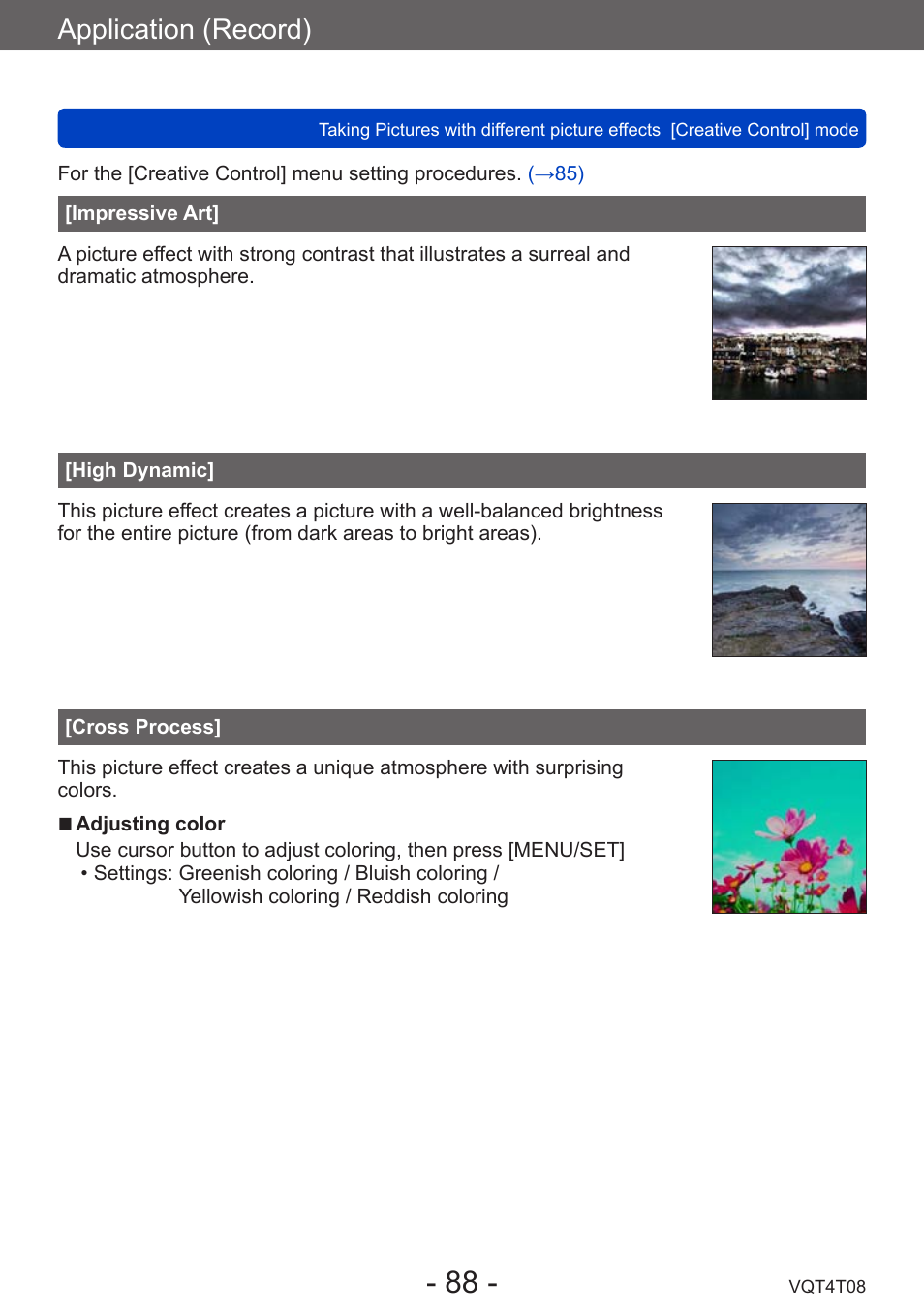Impressive art, High dynamic, Cross process | Application (record) | Panasonic DMC-ZS30K User Manual | Page 88 / 314