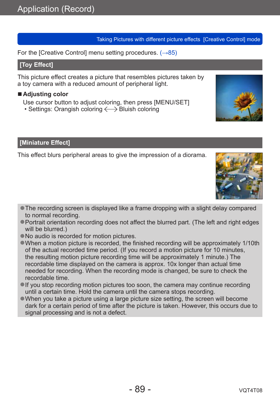 Toy effect, Miniature effect, Application (record) | Panasonic DMC-ZS30K User Manual | Page 89 / 314