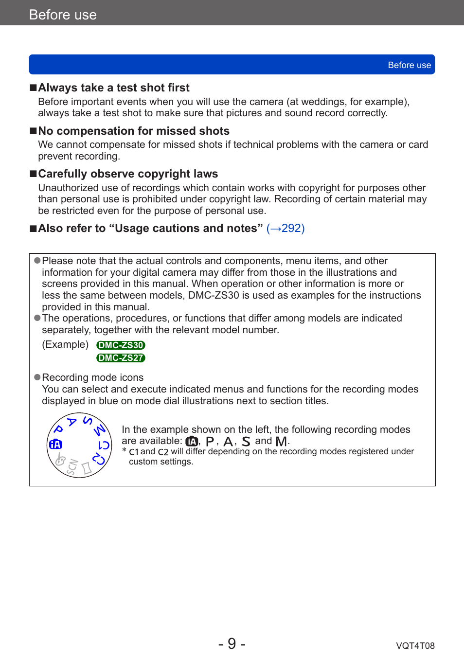 Before use | Panasonic DMC-ZS30K User Manual | Page 9 / 314