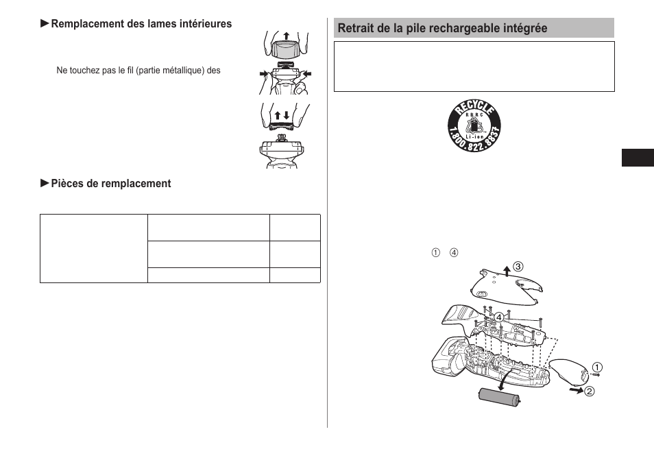 Retrait de la pile rechargeable intégrée | Panasonic ES-LT41-K User Manual | Page 15 / 32